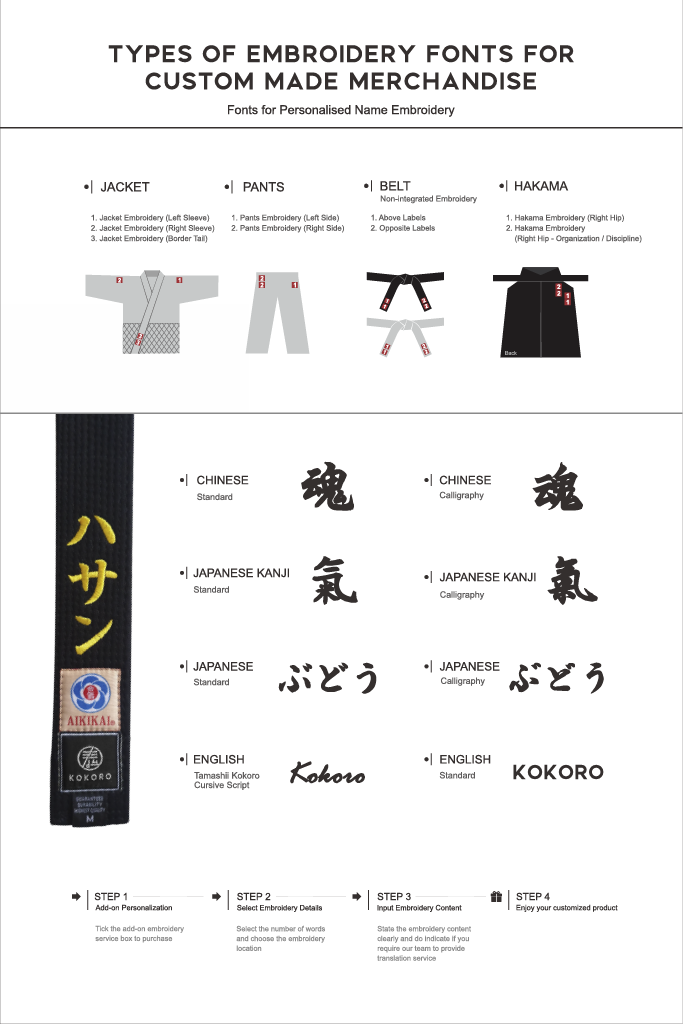 Tyoes of embroidery fonts for custom made products by Tamashii Kokoro