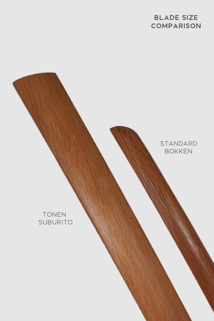 The blade size comparison between Tonen Suburito and standard Bokken.