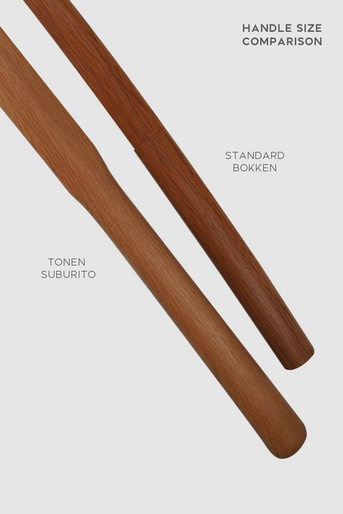 The handle size comparison between Tonen Suburito and standard Bokken.